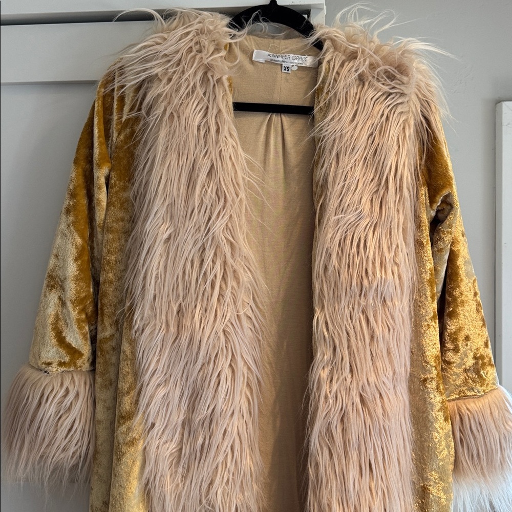 Gold Crushed Velvet Coat with Faux Fur Trim